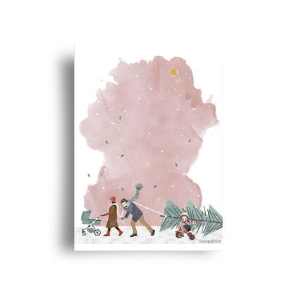 carte postale - décembre - série 'comment ramener cet arbre à la maison' - 'marcher'