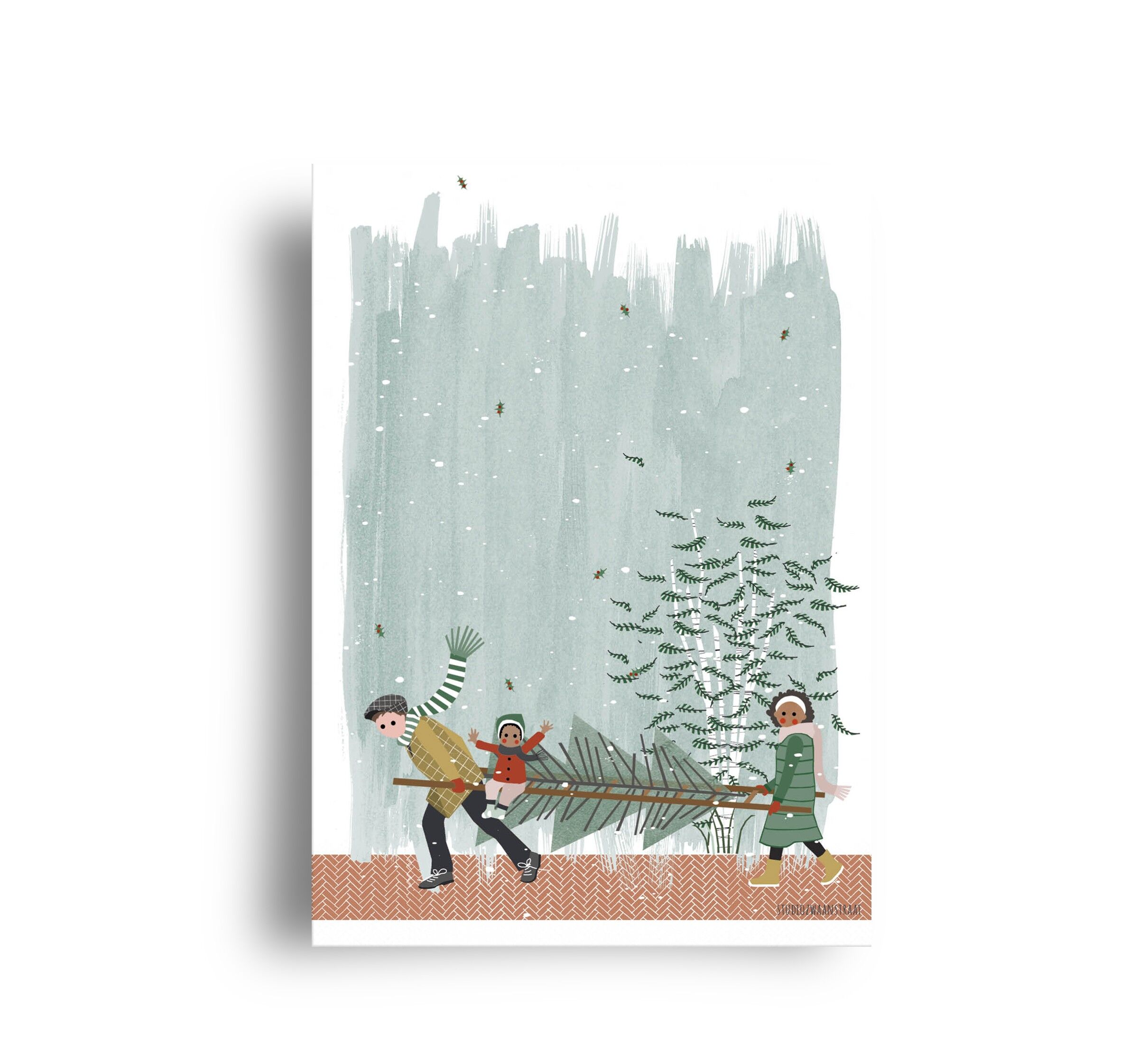 postkarte - dezember - serie 'wie man diesen baum nach hause bringt' - 'leiter'