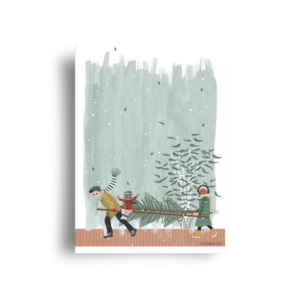 carte postale - décembre - série 'comment ramener cet arbre à la maison' - 'échelle'