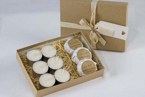 NAKEnDLE Natural Eco-friendly Coconut- Rapeseed 2 Wax Melts & 4 Unscented Tea Lights GIFT SET Bundle