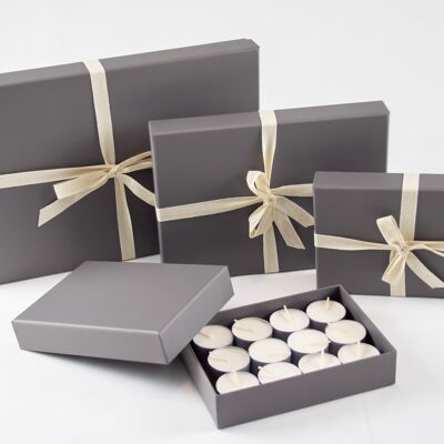 Unscented EXTRA LARGE Coconut-Rapeseed Wax Tea Lights Box of 40 GREY GIFT SET