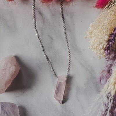 Collier à pendentif en argent sterling 925 et quartz rose