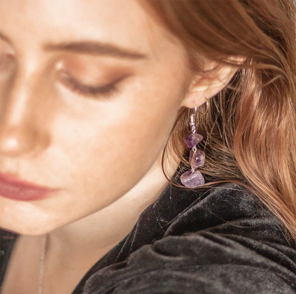 Aretes de piedra semipreciosa de 3 gotas de plata de ley 925 y amatista