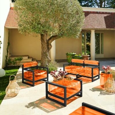 Mobili da giardino Yoko EKO e tavolino in legno nero-arancio