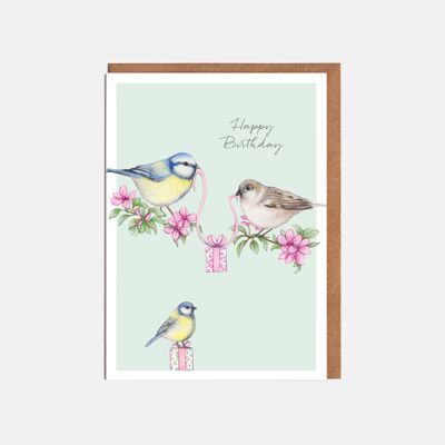 Tarjeta de cumpleaños de pájaros de jardín - 'Feliz cumpleaños'