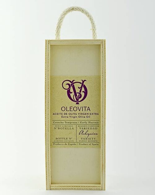 Estuche Madera Oleovita Arbequina para botellas de 250ml.