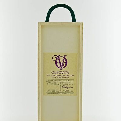 Estuche Madera Oleovita Arbequina para botellas de 500ml.