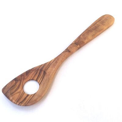 Cooking spoon with pointed perforation, wide handle, length 30 cm, made of olive wood