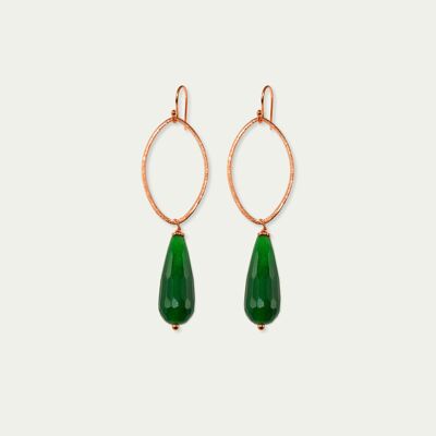 Boucles d'oreilles feuille avec gouttes de pierres précieuses, argent plaqué or rose - aventurine