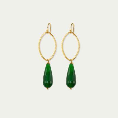 Boucles d'oreilles feuille avec gouttes de pierre gemme, argent plaqué or jaune - aventurine