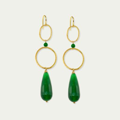Earrings Circles with gemstone drops, gold plated silver - aventurine