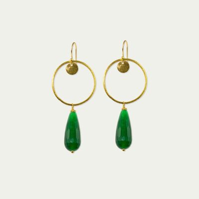 Boucles d'oreilles Cercle avec gouttes de pierres précieuses, argent doré - aventurine