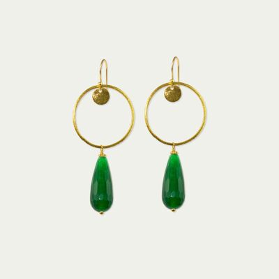 Earrings Circle with gemstone drops, gold plated silver - aventurine