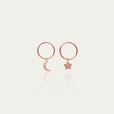Ear studs circle moon and star, rose gold plated