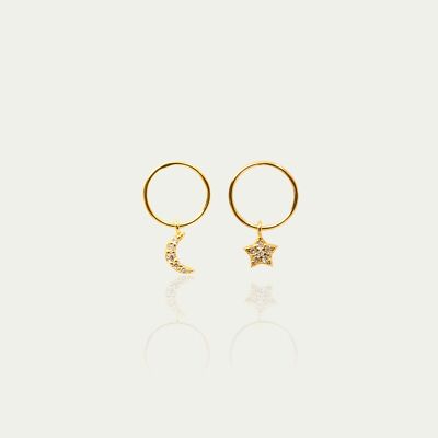 Ear studs circle moon and star, yellow gold plated