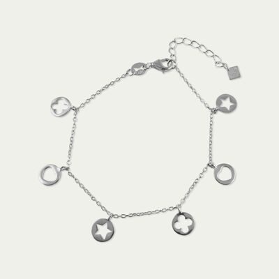 Bracelet disque cœur-étoile-trèfle, argent sterling