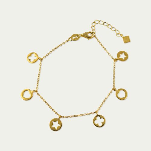 Armkette Disc Heart-Star-Clover, Gelbgold vergoldet