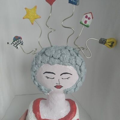 BUSTE DE FEMME PENSEUSE, fait main, décoration unique, papier mâché, 51 cm de haut