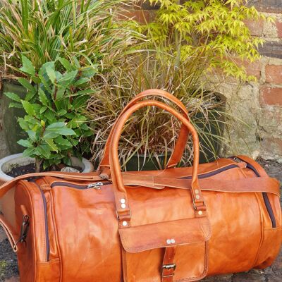 Hand Made Rustic Tan Leather Overnight Bag (Round)