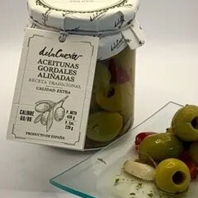 Aceitunas Gordales Aliñadas.Calidad Extra. Calibre 60/80.DE LA CUEVA. Tarro 436g