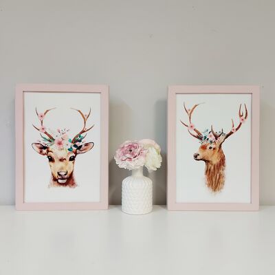 Deer with Flowers Set of 2 "Pink" - A4 Print