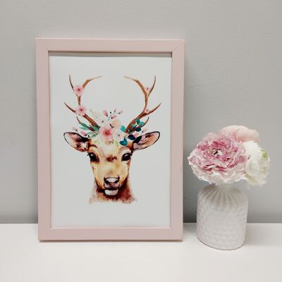 Deer with Flowers No 2 "Pink" - A4 Print