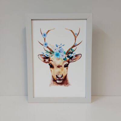 Print - Deer with flowers No 1 "Blue" - A4 - with light gray frame