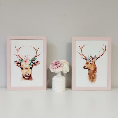 Print - Deer with flowers set of 2 "pink" - A4 - with frame pink