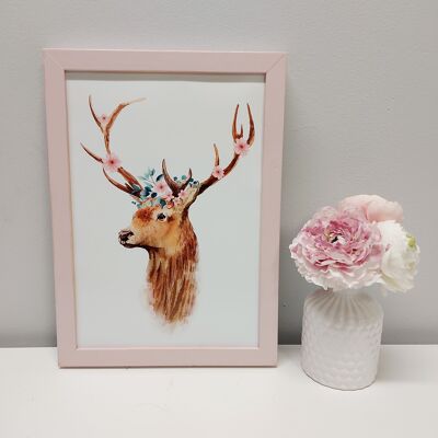 Print - Deer with flowers No 1 "Pink" - A4 - with frame Pink