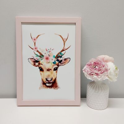 Print - Deer with flowers No 2 "Pink" - A4 - with frame Pink