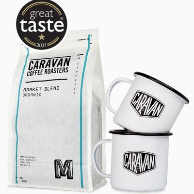 Coffee + Two Mugs Gift Pack - Market Blend - 1kg - Ground for Espresso