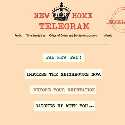 "Neues Zuhause"-Grußkarte, telegraphisch