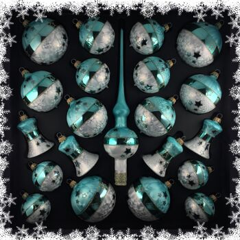 Ensemble de 21 boules - laque de glace 2 couleurs blanc / turquoise "étoile"