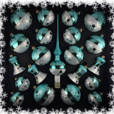 Ensemble de 21 boules - laque de glace 2 couleurs blanc / turquoise "étoile"