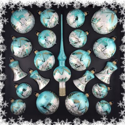 Ensemble de 21 boules - laque de glace 2 couleurs blanc / turquoise "paysage"