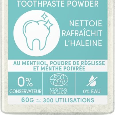 WAAM Cosmetics – Dentifrice en Poudre BIO naturel – Sans Eau – Haleine fraîche au menthol – Certifié BIO ECOCERT –Vegan – 60g – Sans conservateur