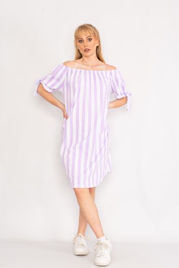 Robe épaules dénudées à rayures lilas 1