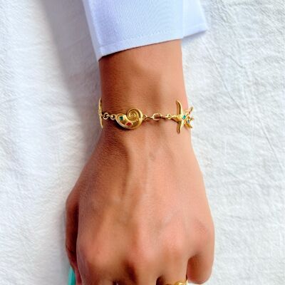 Gold Summer Bracelet, beach Bracelet, Shell Bracelet, Starfish Bracelet, Beach Jewelry, Gift for Her, Made from Stainless Steel.