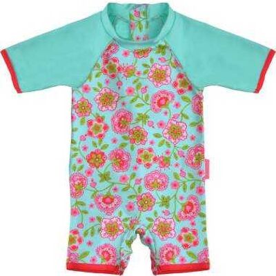 Combinaison anti UV bébé fille Moana turquoise et fleurs