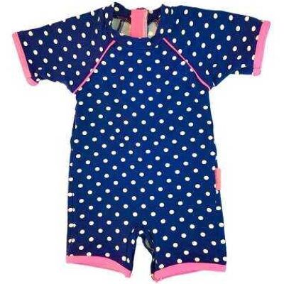 Marinella baby girls' UV protective overalls in navy blue with polka dots