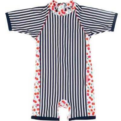 Brunette baby UV protection wetsuit with cherry pattern