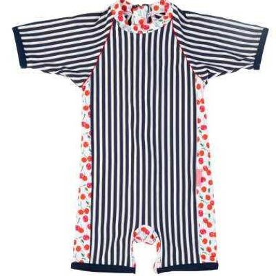 Brunette baby UV protection wetsuit with cherry pattern