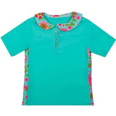 Moana baby girl's anti-uv turquoise T-shirt with Peter Pan collar and flowers