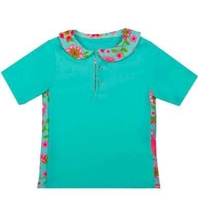 T shirt anti uv bébé fille Moana turquoise col Claudine et fleurs