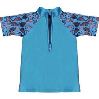 Camiseta de niño azul anti-UV de manga corta con ballenas Balinou