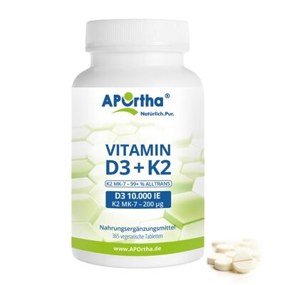 Vitamin D3 10.000 IE + Natto Vitamin K2 MK-7 200 µg - 365 vegetarische Tabletten