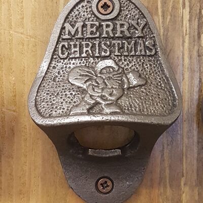 Bottle Opener Wall Mounted MERRY CHRISTMAS Cast Ant Iron
