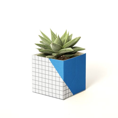 Geometric Plant Pot Cover – Small - Blue / Grid