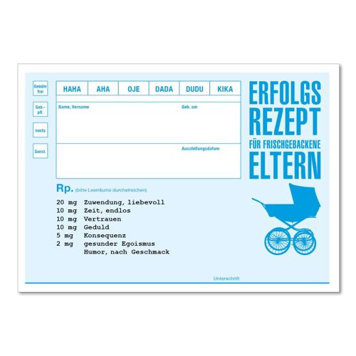 "Erfolgsrezept für Eltern" Baby blau Postkarte