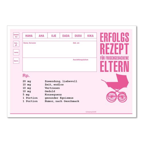 "Erfolgsrezept für Eltern" Baby rosa Postkarte